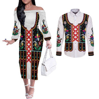 Vintage Polish Gorsecik Couples Matching Off The Shoulder Long Sleeve Dress and Long Sleeve Button Shirt Slavic Floral Folk Art