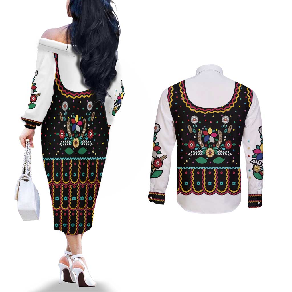 Vintage Polish Gorsecik Couples Matching Off The Shoulder Long Sleeve Dress and Long Sleeve Button Shirt Slavic Floral Folk Art