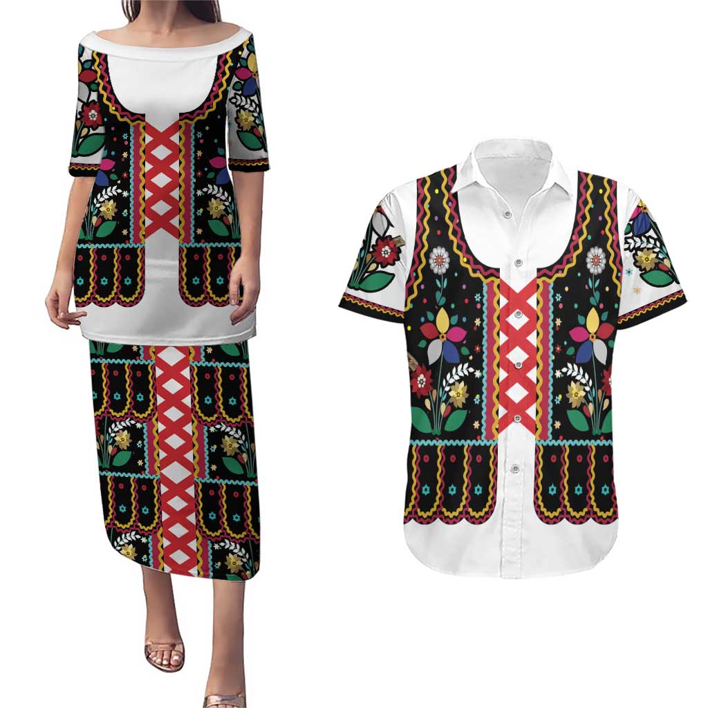 Vintage Polish Gorsecik Couples Matching Puletasi and Hawaiian Shirt Slavic Floral Folk Art