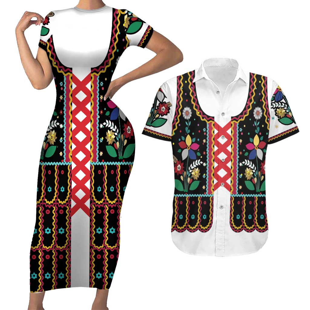 Vintage Polish Gorsecik Couples Matching Short Sleeve Bodycon Dress and Hawaiian Shirt Slavic Floral Folk Art
