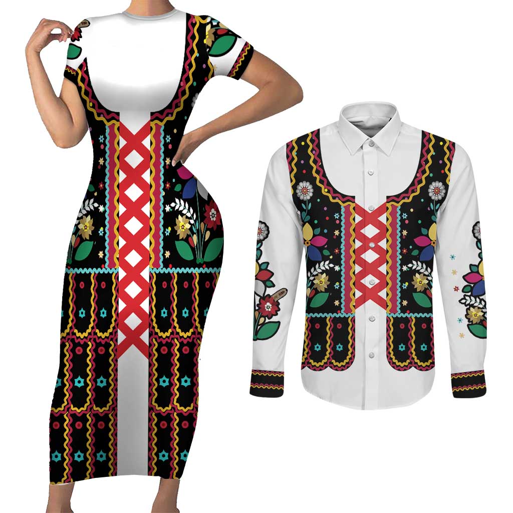 Vintage Polish Gorsecik Couples Matching Short Sleeve Bodycon Dress and Long Sleeve Button Shirt Slavic Floral Folk Art