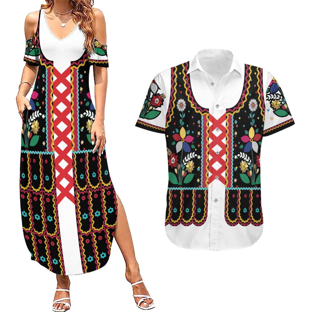 Vintage Polish Gorsecik Couples Matching Summer Maxi Dress and Hawaiian Shirt Slavic Floral Folk Art