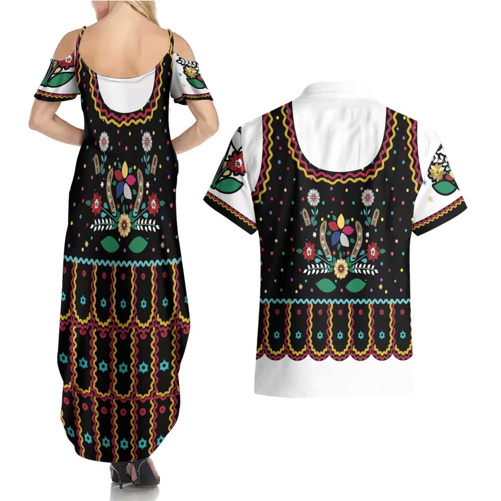 Vintage Polish Gorsecik Couples Matching Summer Maxi Dress and Hawaiian Shirt Slavic Floral Folk Art