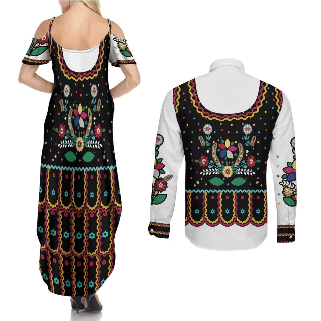 Vintage Polish Gorsecik Couples Matching Summer Maxi Dress and Long Sleeve Button Shirt Slavic Floral Folk Art