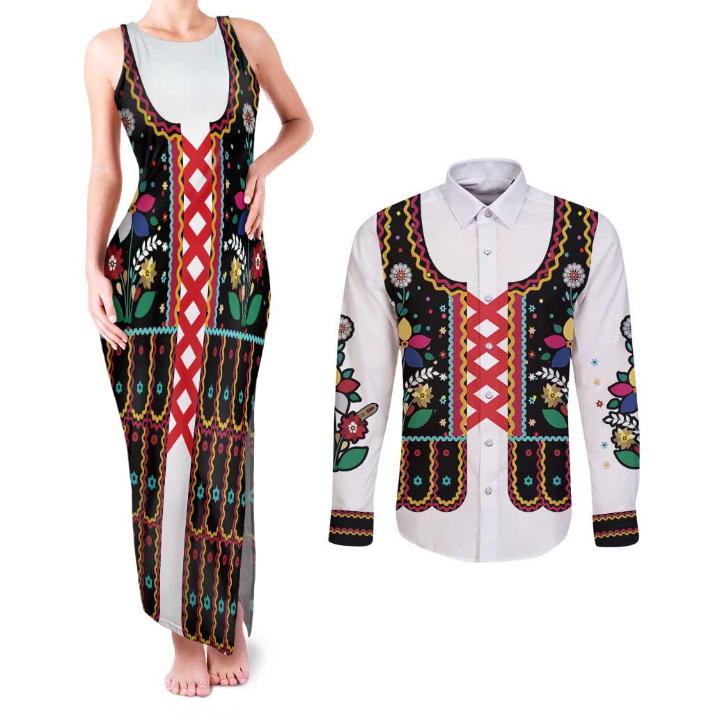 Vintage Polish Gorsecik Couples Matching Tank Maxi Dress and Long Sleeve Button Shirt Slavic Floral Folk Art