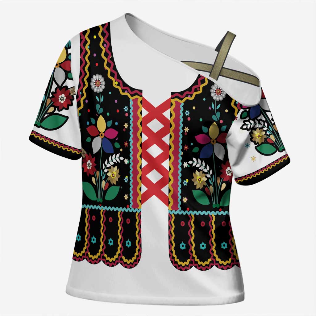 Vintage Polish Gorsecik Cross Shoulder Shirt Slavic Floral Folk Art