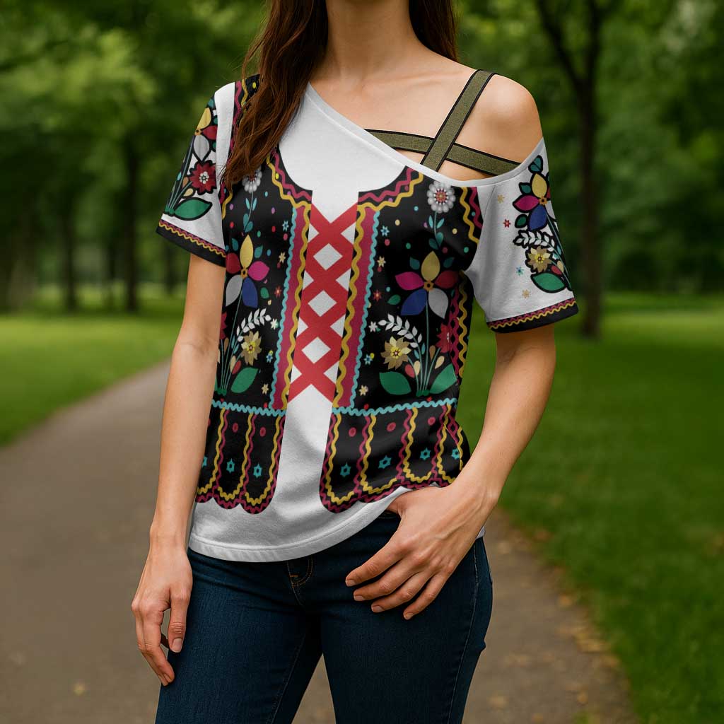 Vintage Polish Gorsecik Cross Shoulder Shirt Slavic Floral Folk Art