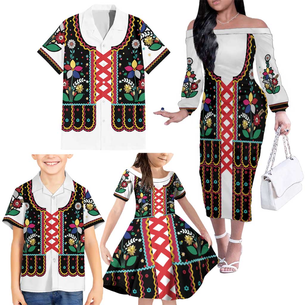 Vintage Polish Gorsecik Family Matching Off The Shoulder Long Sleeve Dress and Hawaiian Shirt Slavic Floral Folk Art