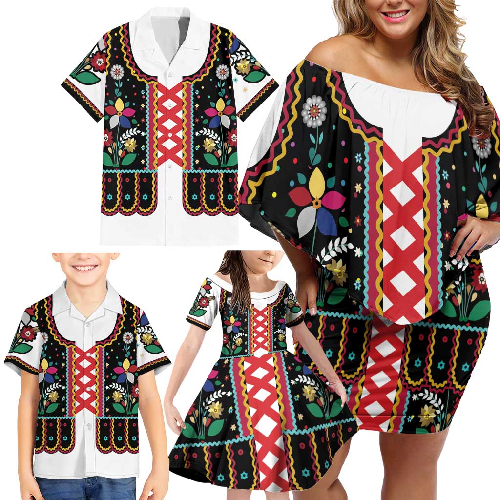 Vintage Polish Gorsecik Family Matching Off Shoulder Short Dress and Hawaiian Shirt Slavic Floral Folk Art