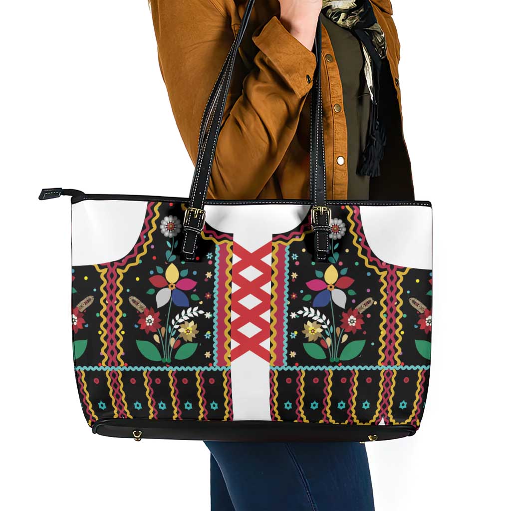 Vintage Polish Gorsecik Leather Tote Bag Slavic Floral Folk Art