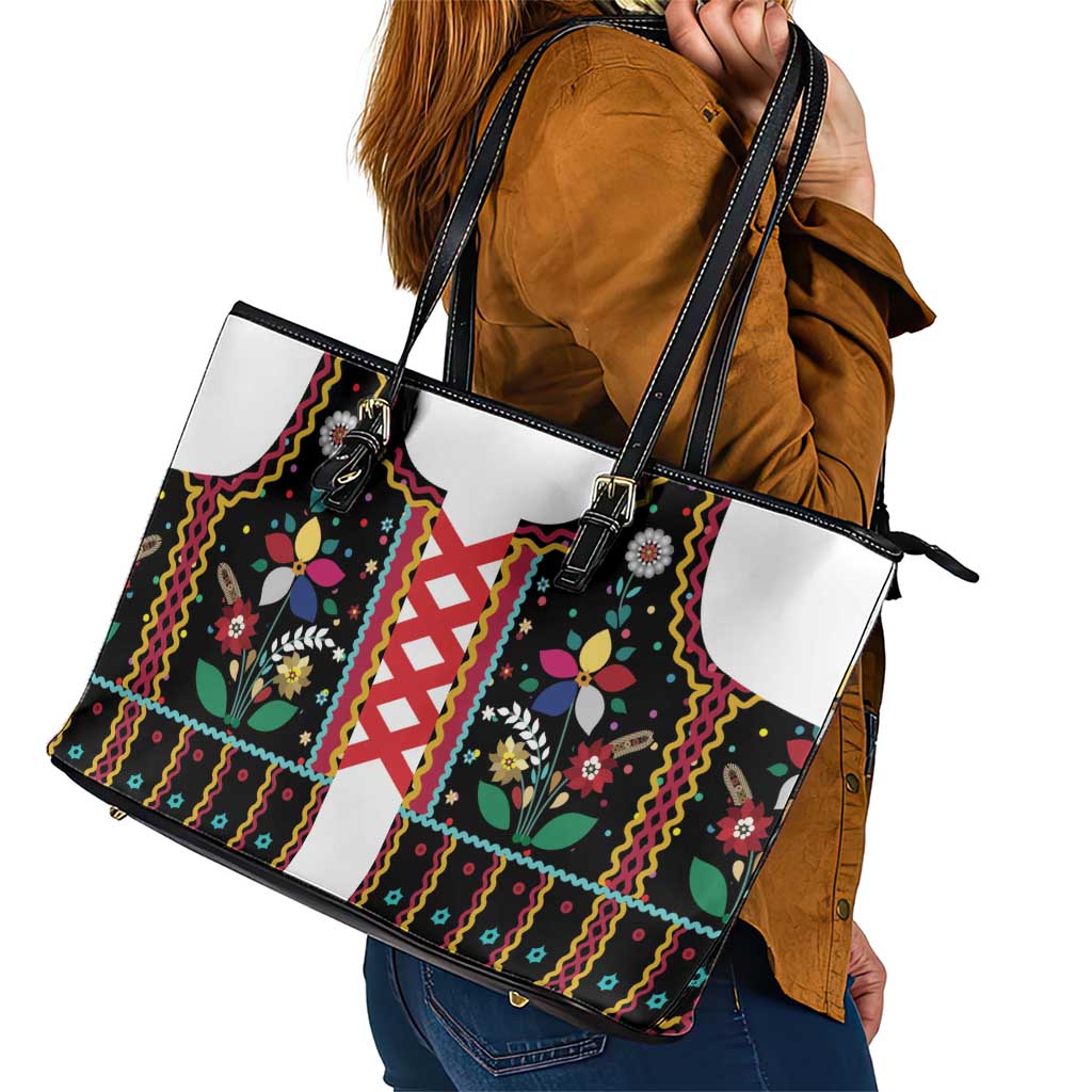 Vintage Polish Gorsecik Leather Tote Bag Slavic Floral Folk Art