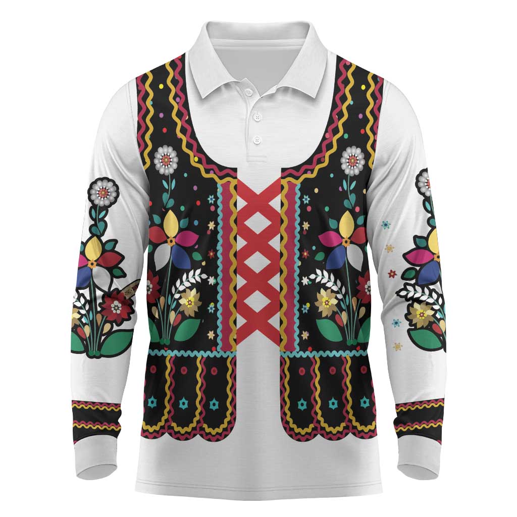 Vintage Polish Gorsecik Long Sleeve Polo Shirt Slavic Floral Folk Art