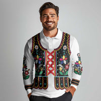 Vintage Polish Gorsecik Long Sleeve Polo Shirt Slavic Floral Folk Art
