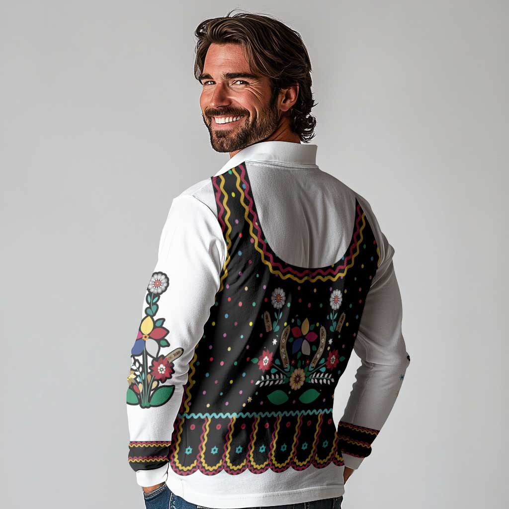 Vintage Polish Gorsecik Long Sleeve Polo Shirt Slavic Floral Folk Art