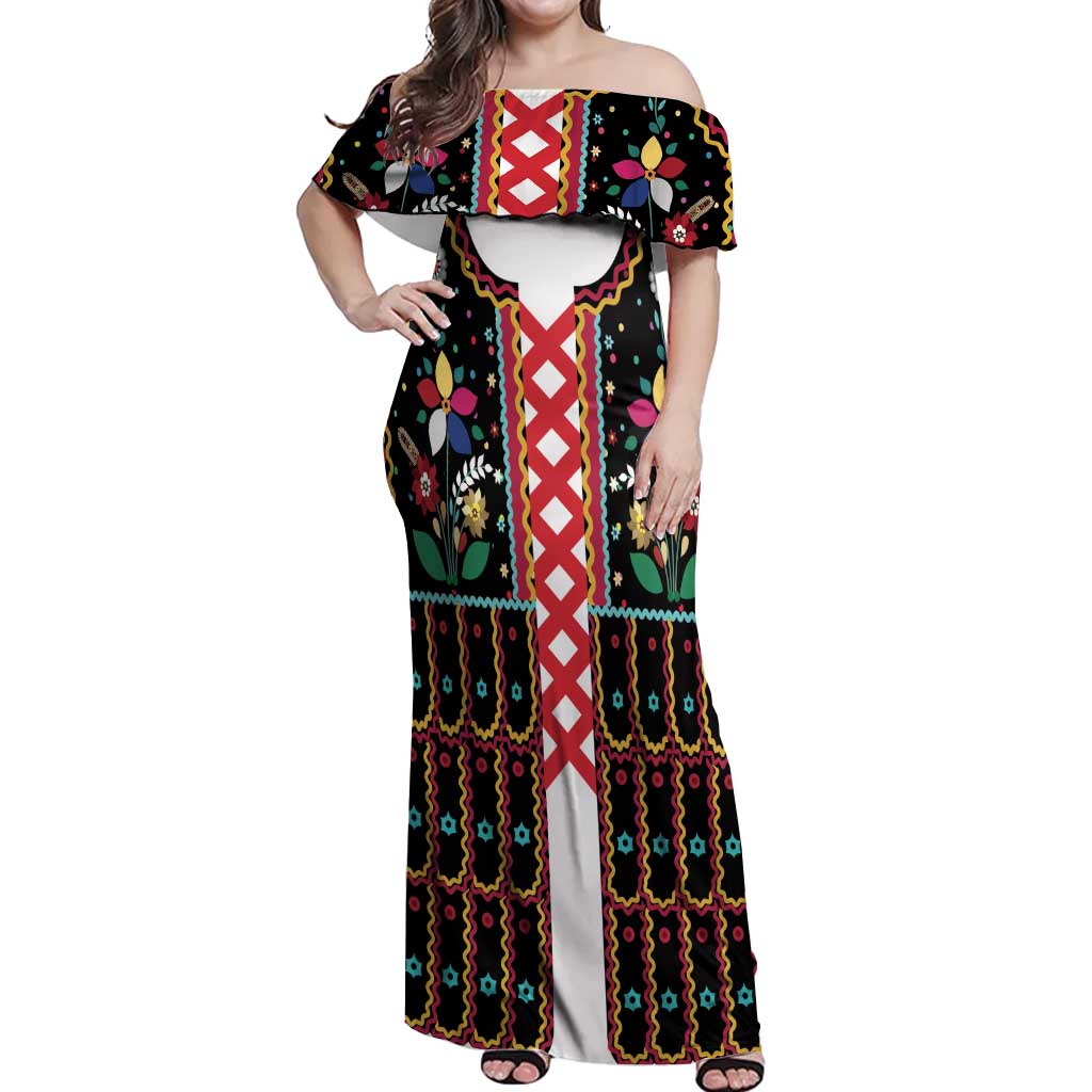 Vintage Polish Gorsecik Off Shoulder Maxi Dress Slavic Floral Folk Art