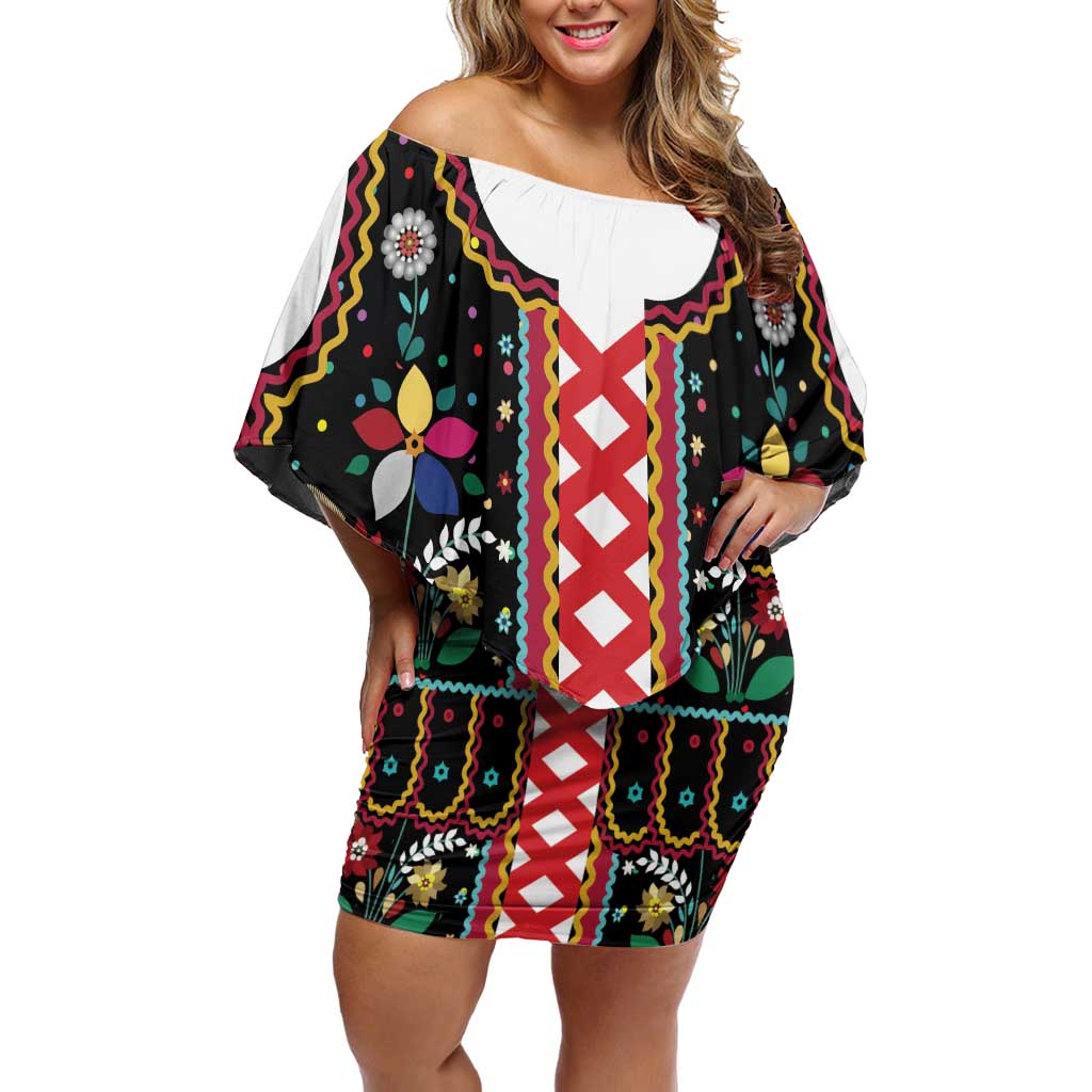 Vintage Polish Gorsecik Off Shoulder Short Dress Slavic Floral Folk Art