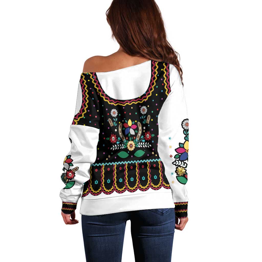 Vintage Polish Gorsecik Off Shoulder Sweater Slavic Floral Folk Art