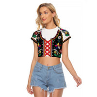 Vintage Polish Gorsecik Raglan Cropped T Shirt Slavic Floral Folk Art