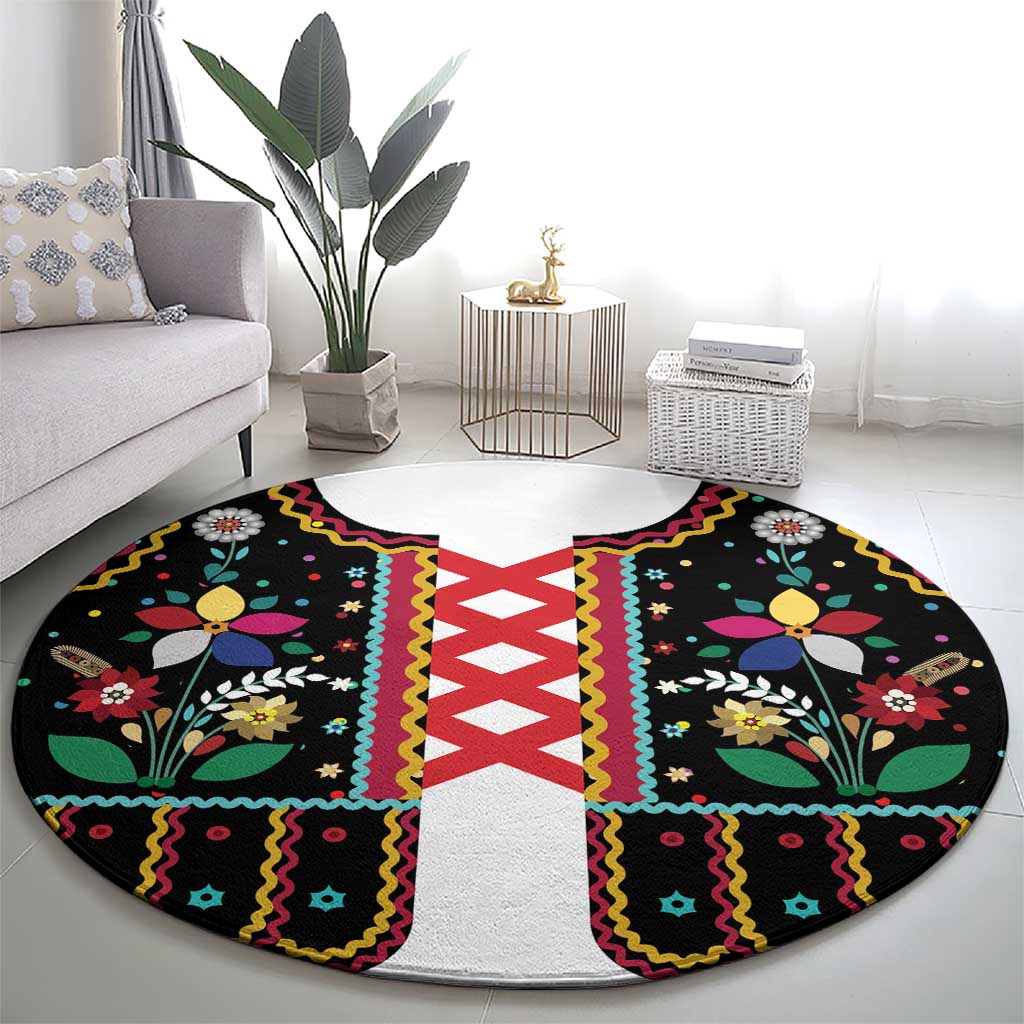Vintage Polish Gorsecik Round Carpet Slavic Floral Folk Art