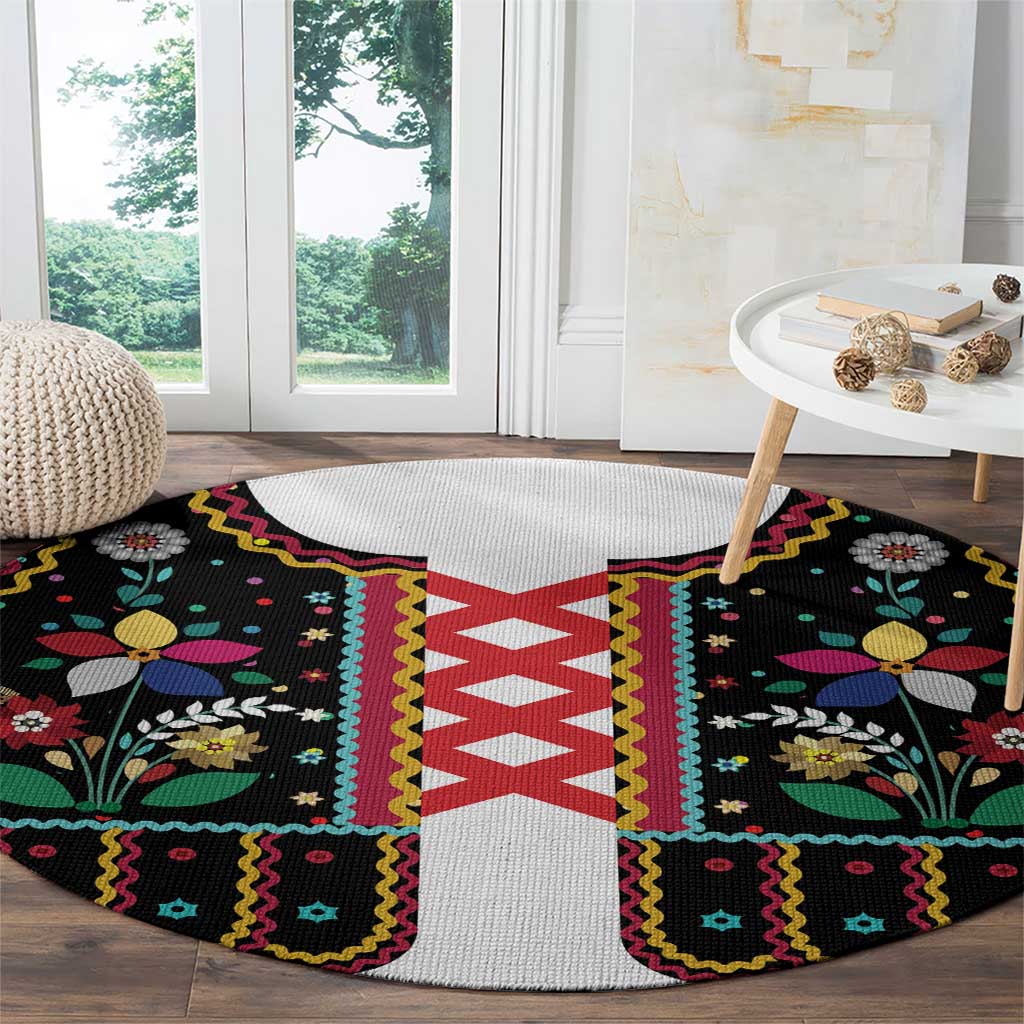 Vintage Polish Gorsecik Round Carpet Slavic Floral Folk Art