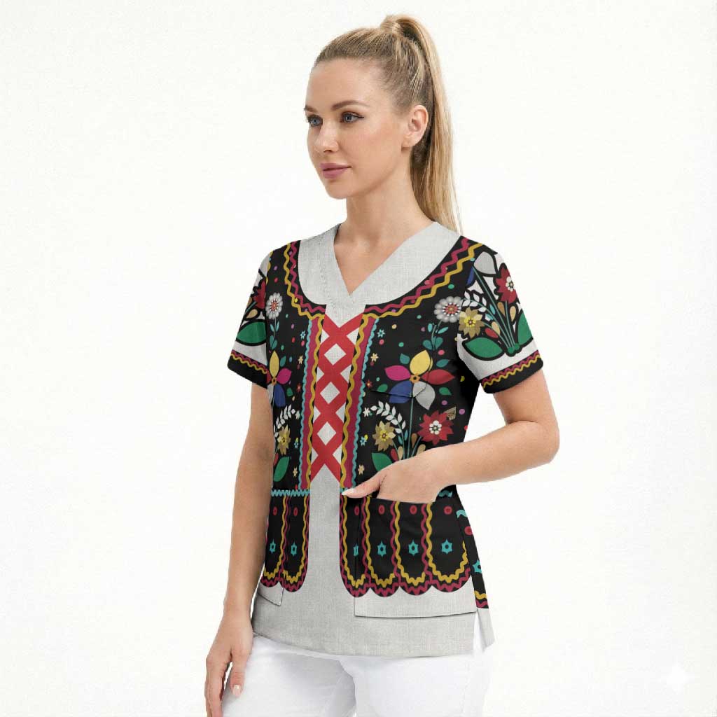 Vintage Polish Gorsecik Scrub Top Slavic Floral Folk Art