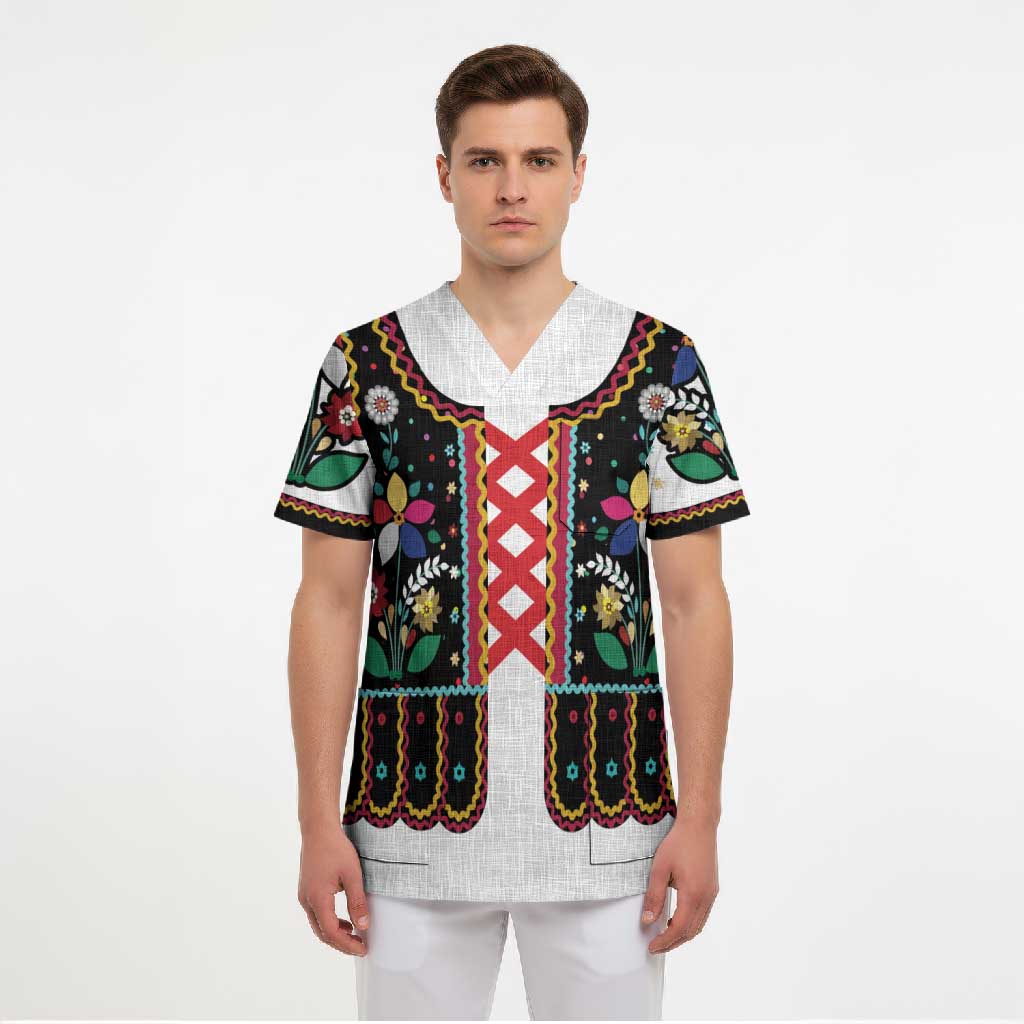 Vintage Polish Gorsecik Scrub Top Slavic Floral Folk Art