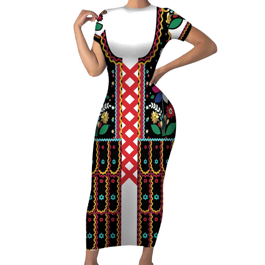 Vintage Polish Gorsecik Short Sleeve Bodycon Dress Slavic Floral Folk Art