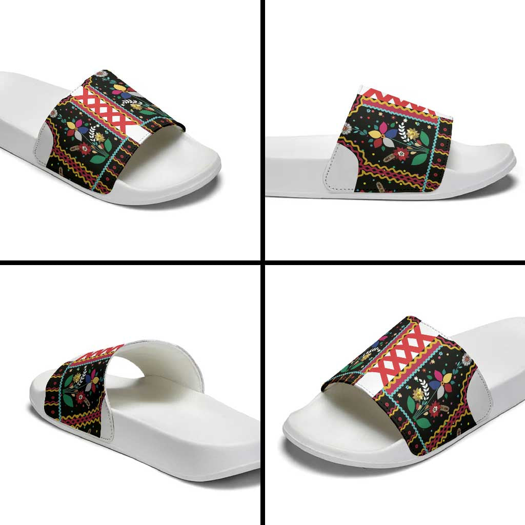 Vintage Polish Gorsecik Slide Sandals Slavic Floral Folk Art