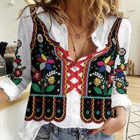 Vintage Polish Gorsecik Women Casual Shirt Slavic Floral Folk Art