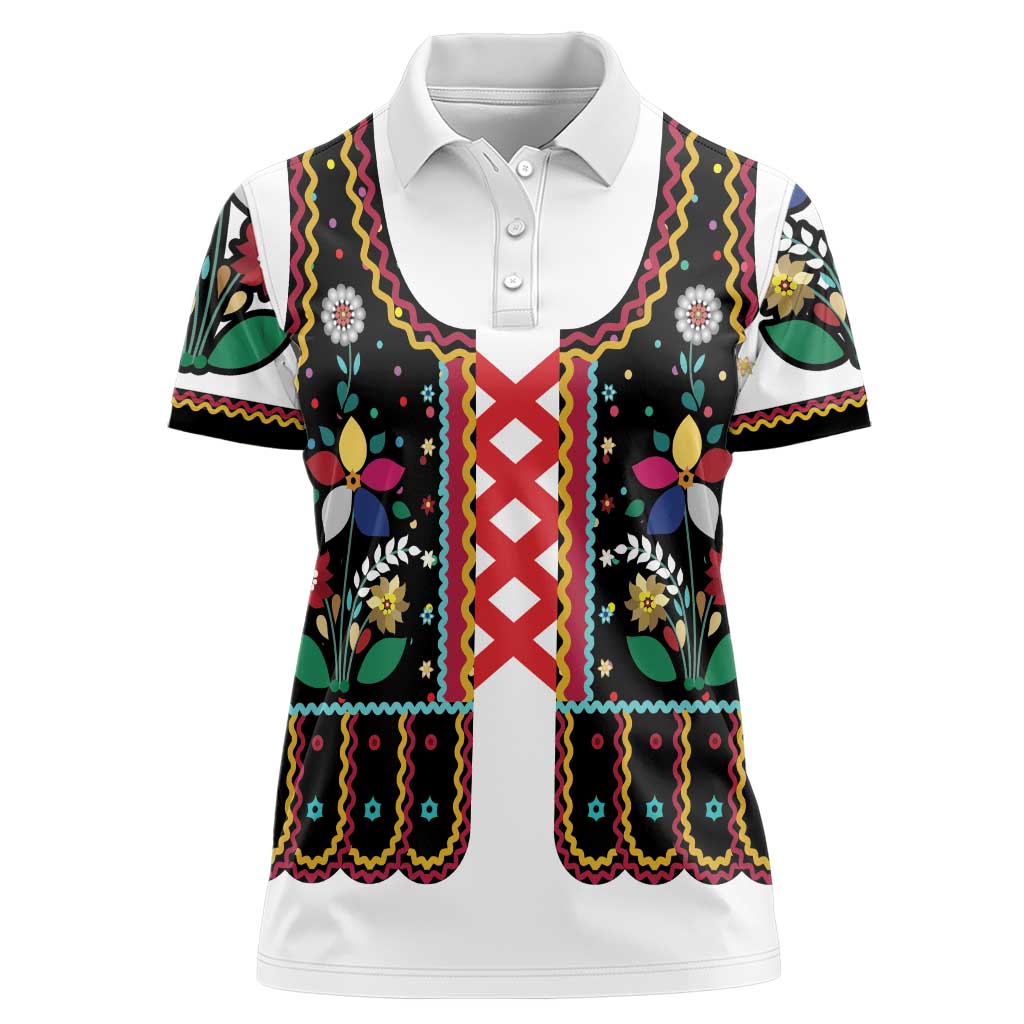 Vintage Polish Gorsecik Women Polo Shirt Slavic Floral Folk Art