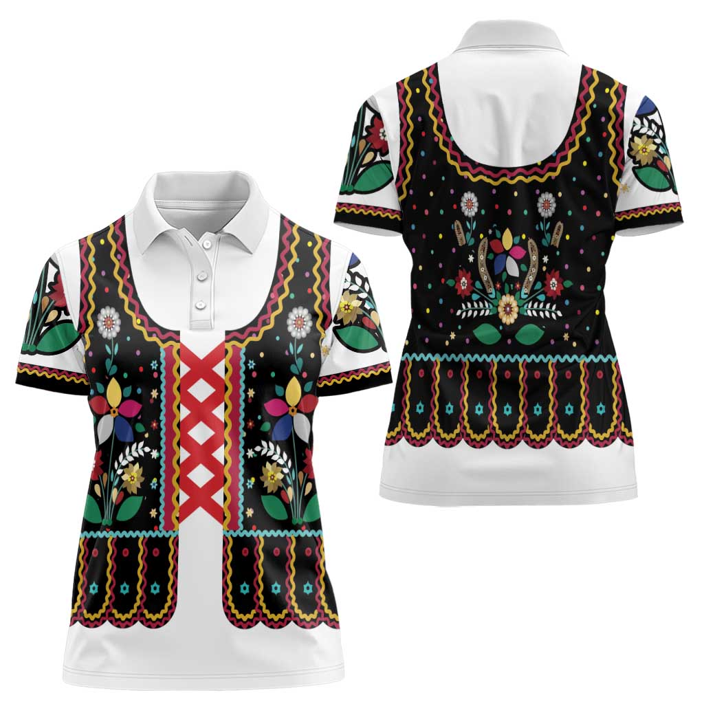 Vintage Polish Gorsecik Women Polo Shirt Slavic Floral Folk Art
