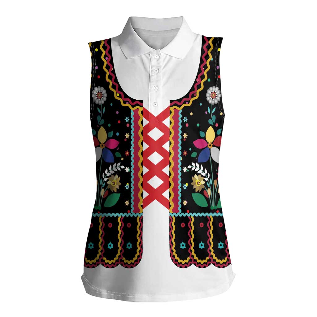 Vintage Polish Gorsecik Women Sleeveless Polo Shirt Slavic Floral Folk Art