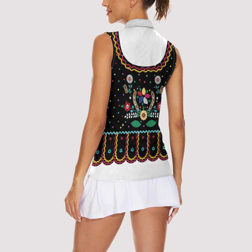 Vintage Polish Gorsecik Women Sleeveless Polo Shirt Slavic Floral Folk Art