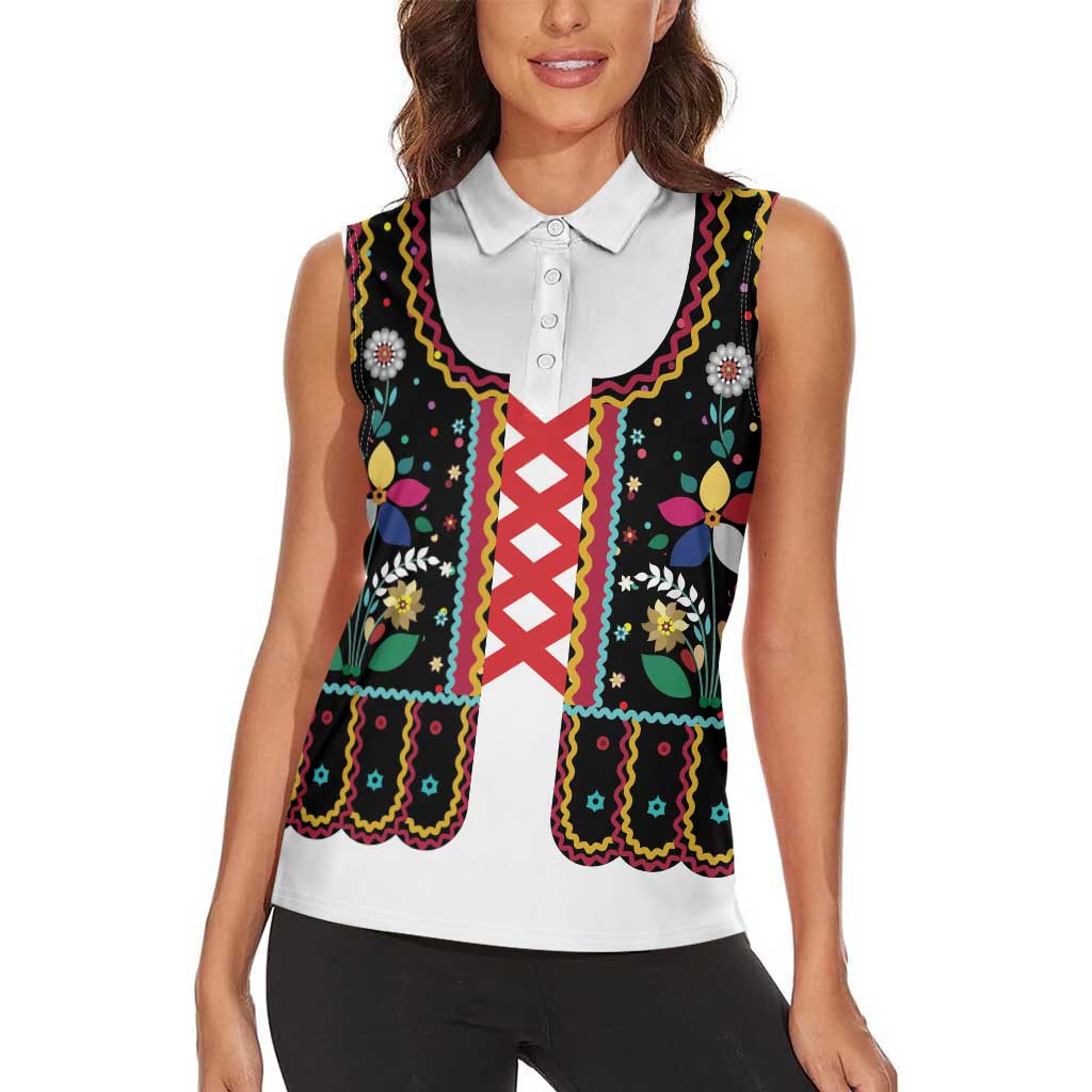 Vintage Polish Gorsecik Women Sleeveless Polo Shirt Slavic Floral Folk Art