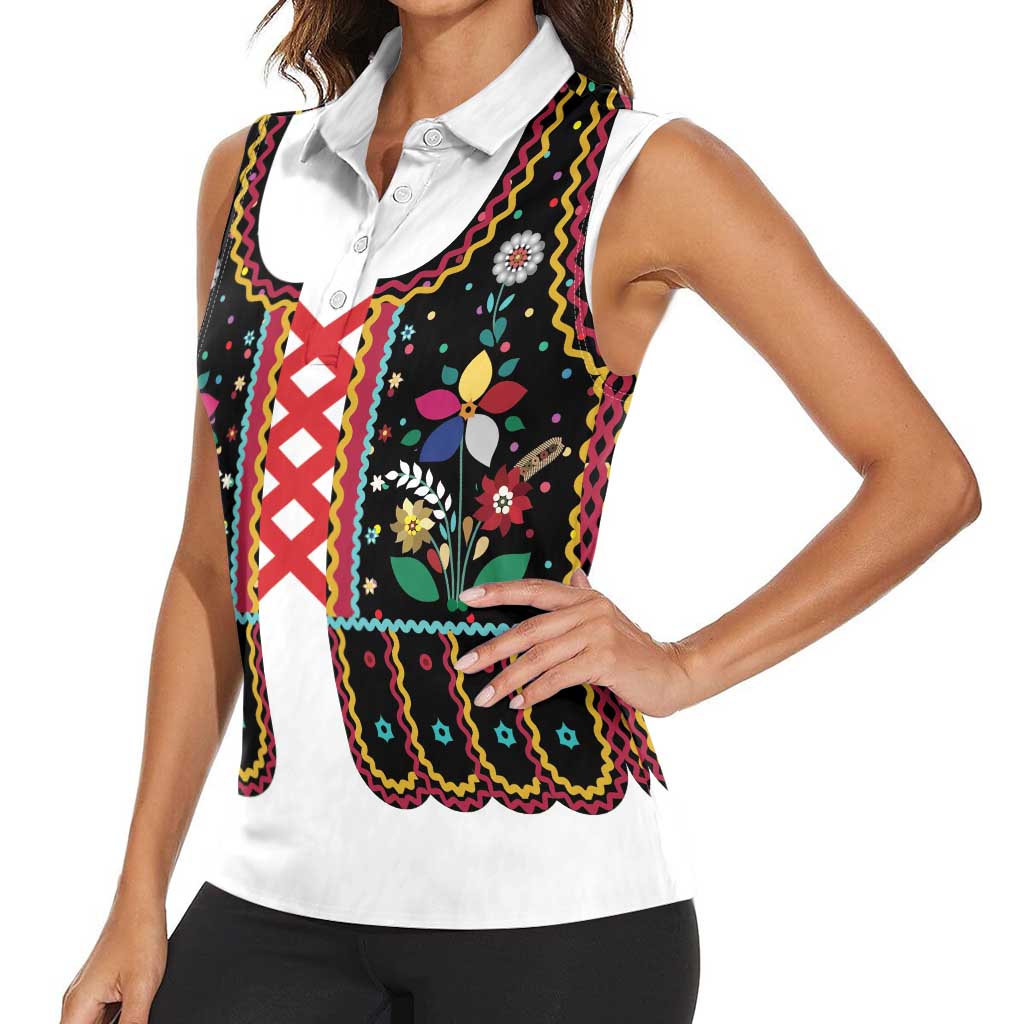 Vintage Polish Gorsecik Women Sleeveless Polo Shirt Slavic Floral Folk Art