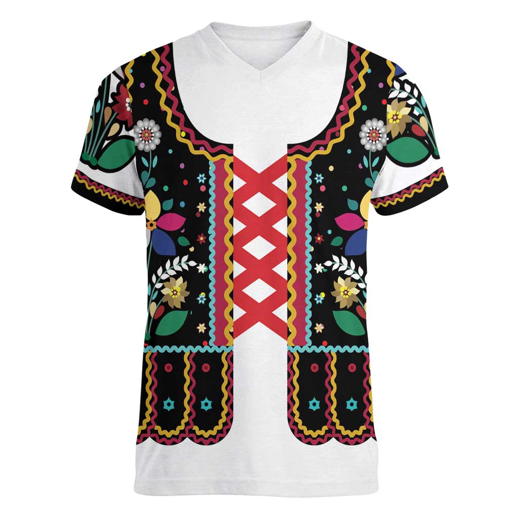 Vintage Polish Gorsecik Women V-Neck T-Shirt Slavic Floral Folk Art