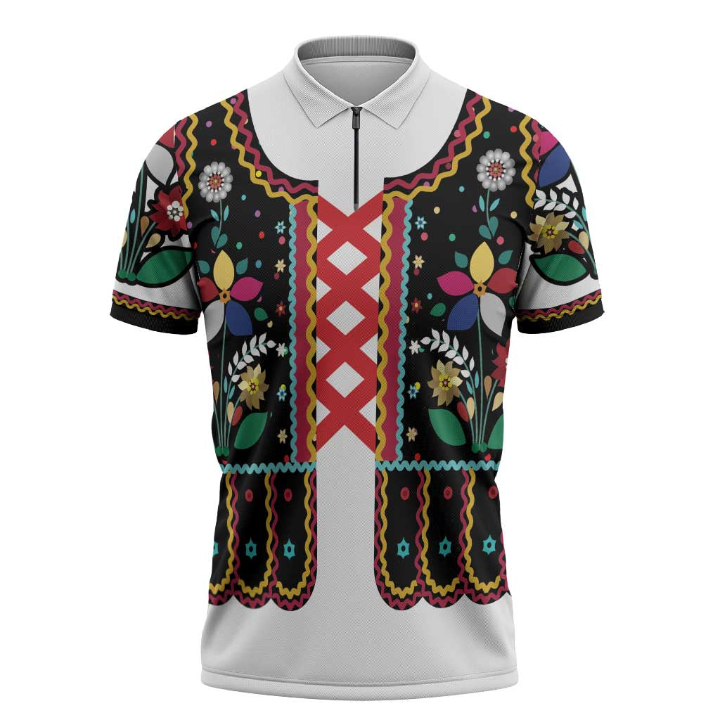 Vintage Polish Gorsecik Zipper Polo Shirt Slavic Floral Folk Art