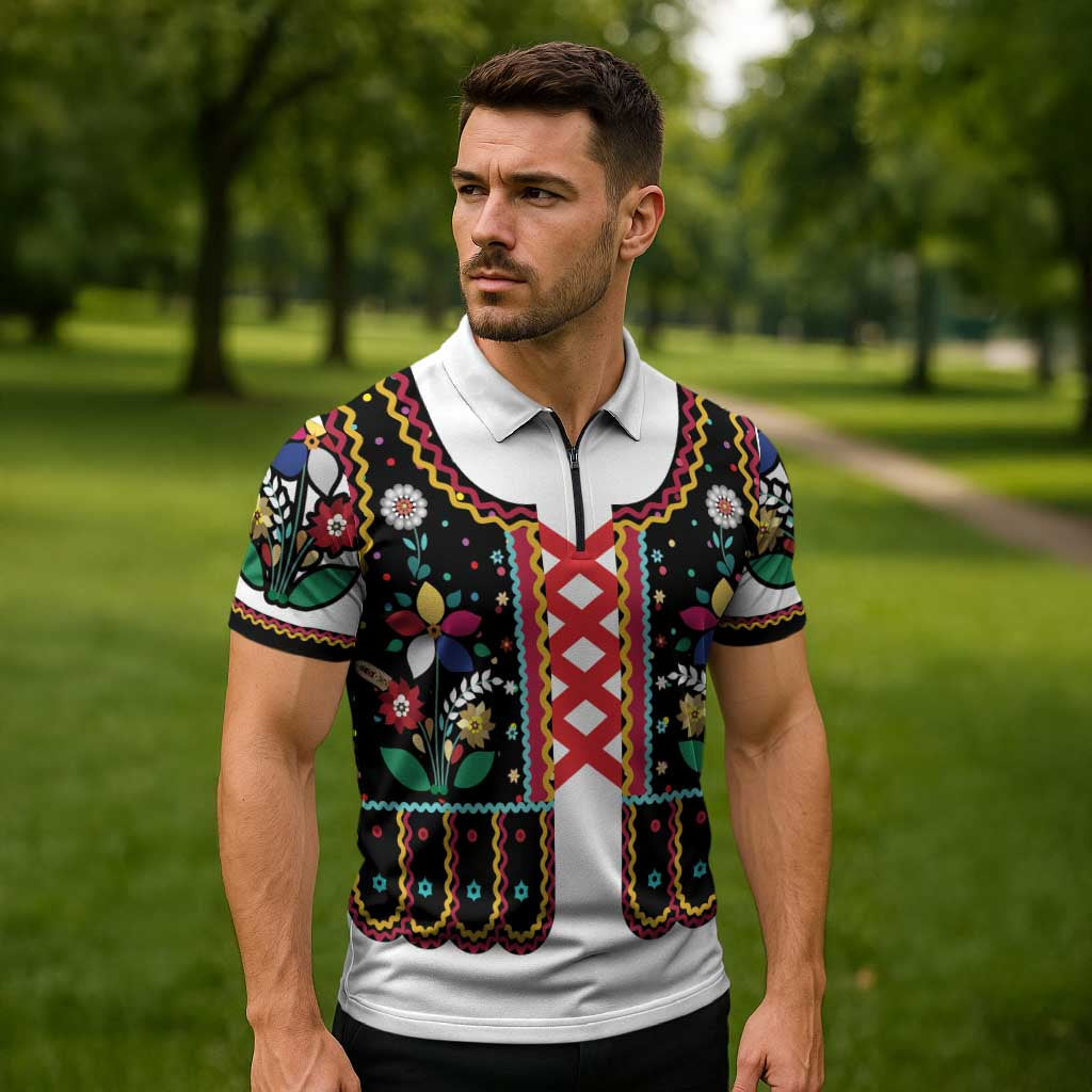 Vintage Polish Gorsecik Zipper Polo Shirt Slavic Floral Folk Art