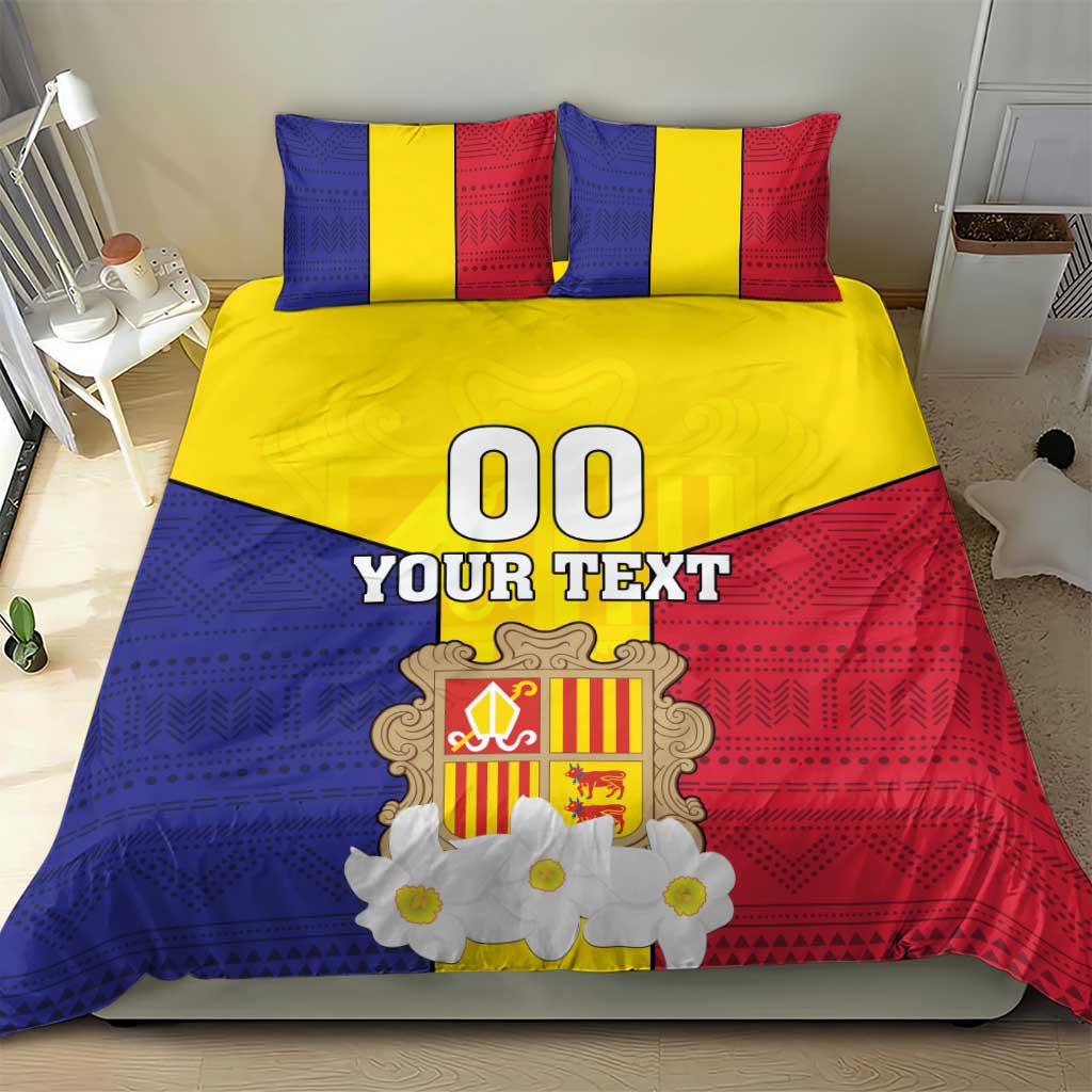 Custom Andorra Coat Of Arms Bedding Set Narcissus Poeticus Flowers Flag Style