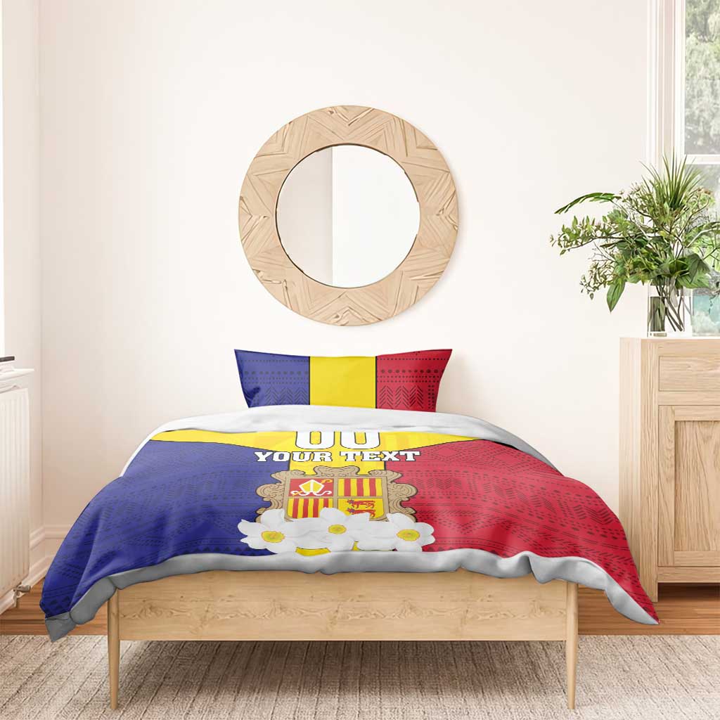 Custom Andorra Coat Of Arms Bedding Set Narcissus Poeticus Flowers Flag Style