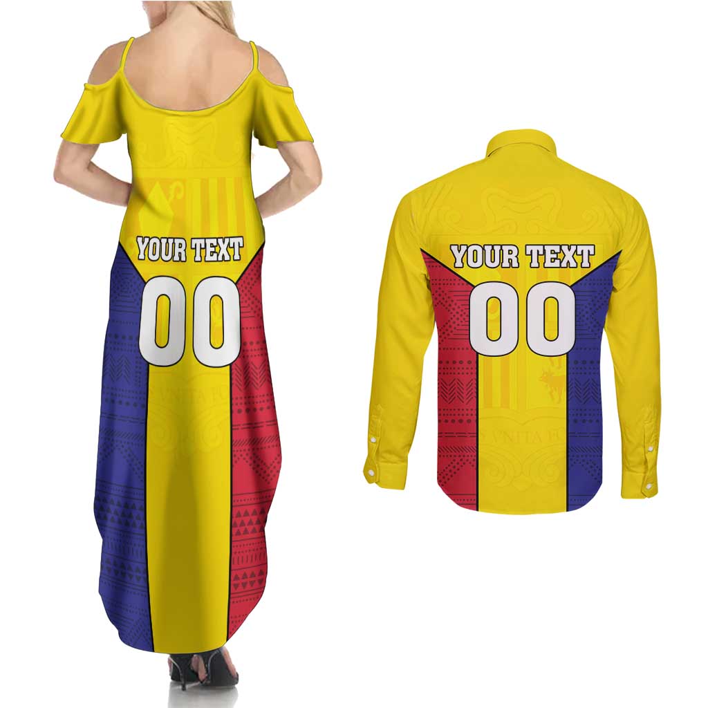 Custom Andorra Coat Of Arms Couples Matching Summer Maxi Dress and Long Sleeve Button Shirt Narcissus Poeticus Flowers Flag Style