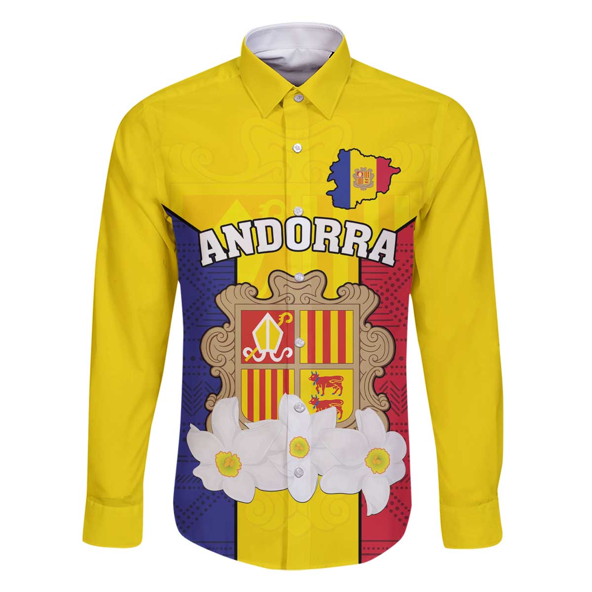 Custom Andorra Coat Of Arms Family Matching Off The Shoulder Long Sleeve Dress and Hawaiian Shirt Narcissus Poeticus Flowers Flag Style