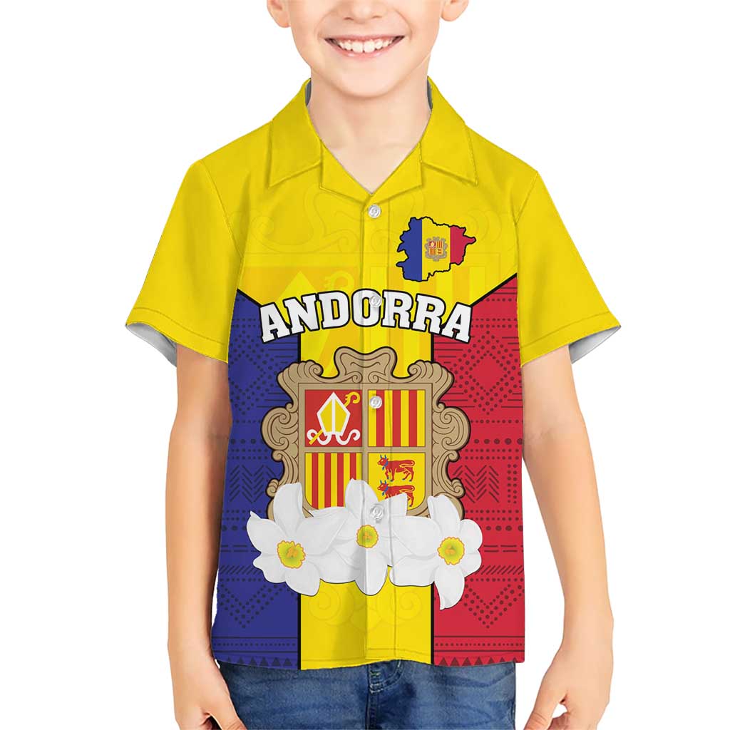 Custom Andorra Coat Of Arms Hawaiian Shirt Narcissus Poeticus Flowers Flag Style
