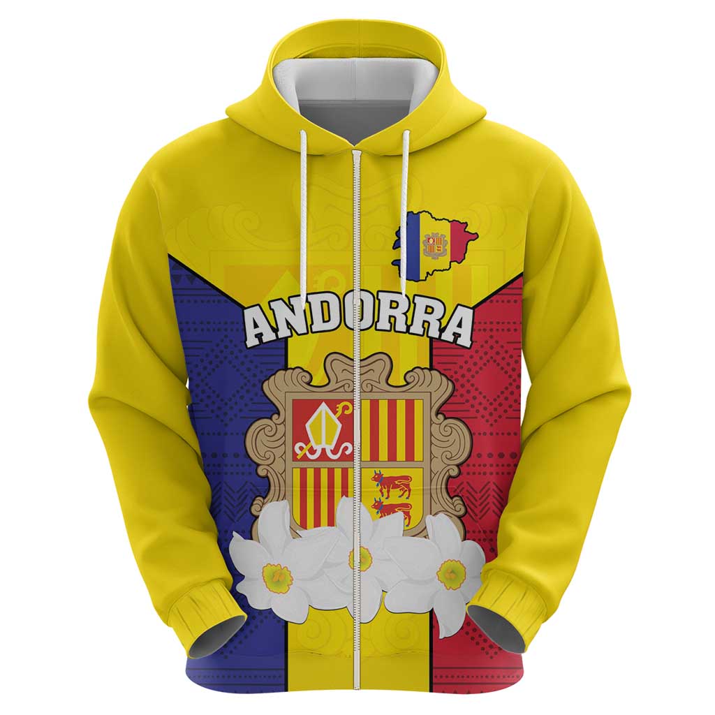 Custom Andorra Coat Of Arms Hoodie Narcissus Poeticus Flowers Flag Style