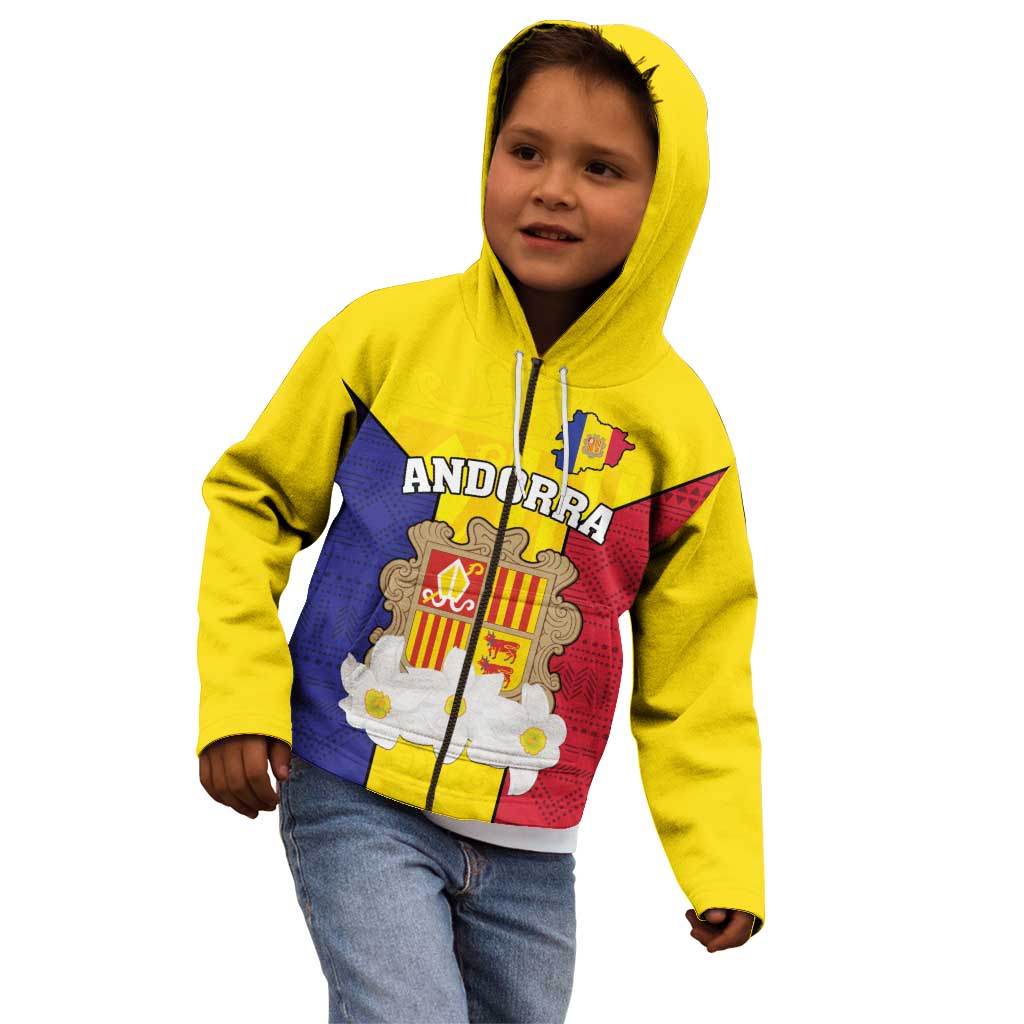 Custom Andorra Coat Of Arms Kid Hoodie Narcissus Poeticus Flowers Flag Style