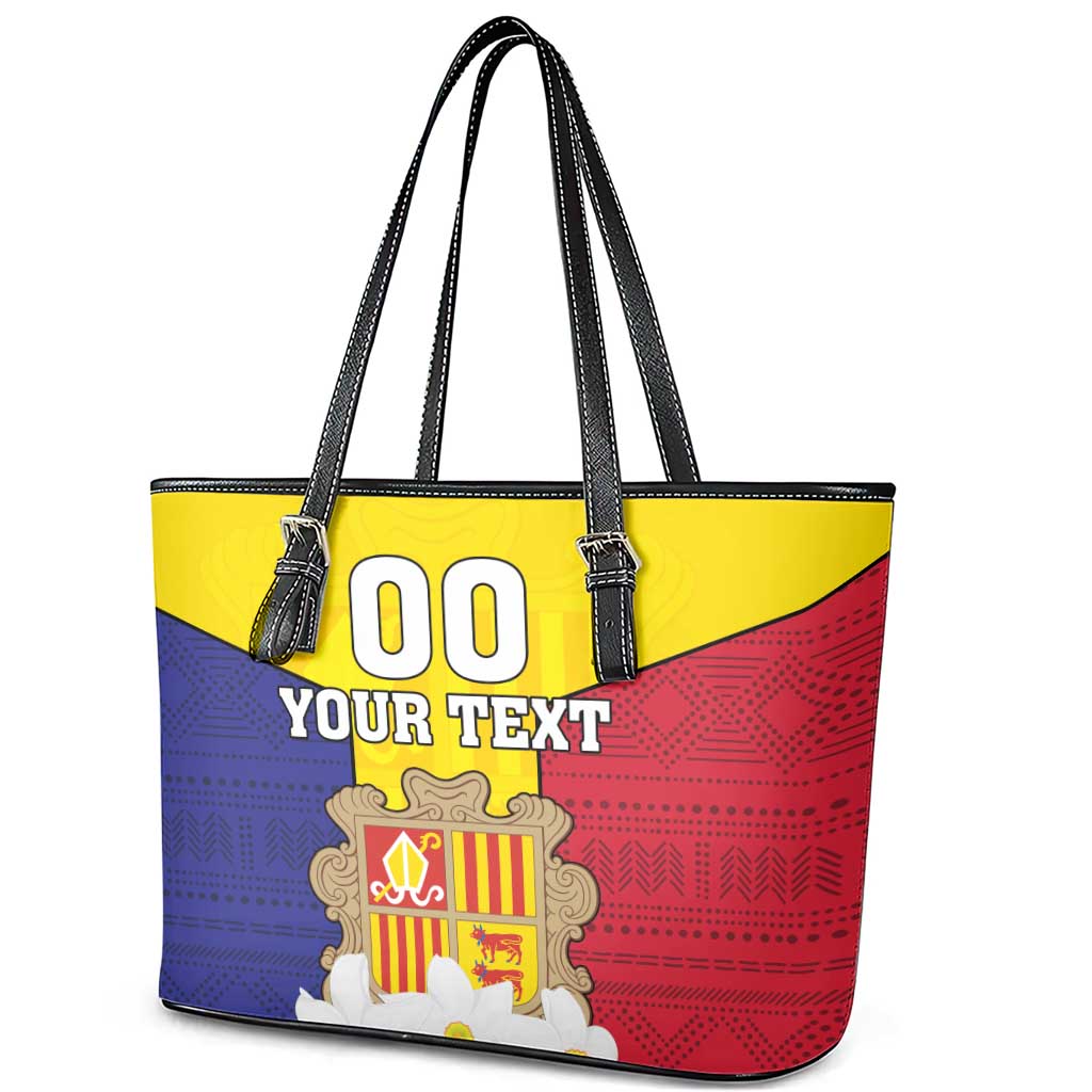 Custom Andorra Coat Of Arms Leather Tote Bag Narcissus Poeticus Flowers Flag Style