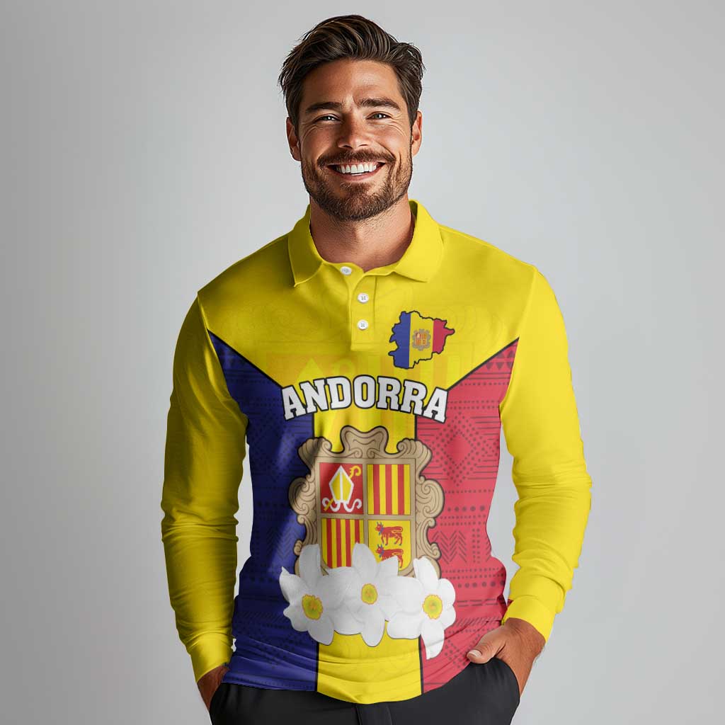 Custom Andorra Coat Of Arms Long Sleeve Polo Shirt Narcissus Poeticus Flowers Flag Style