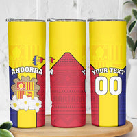 Custom Andorra Coat Of Arms Skinny Tumbler Narcissus Poeticus Flowers Flag Style