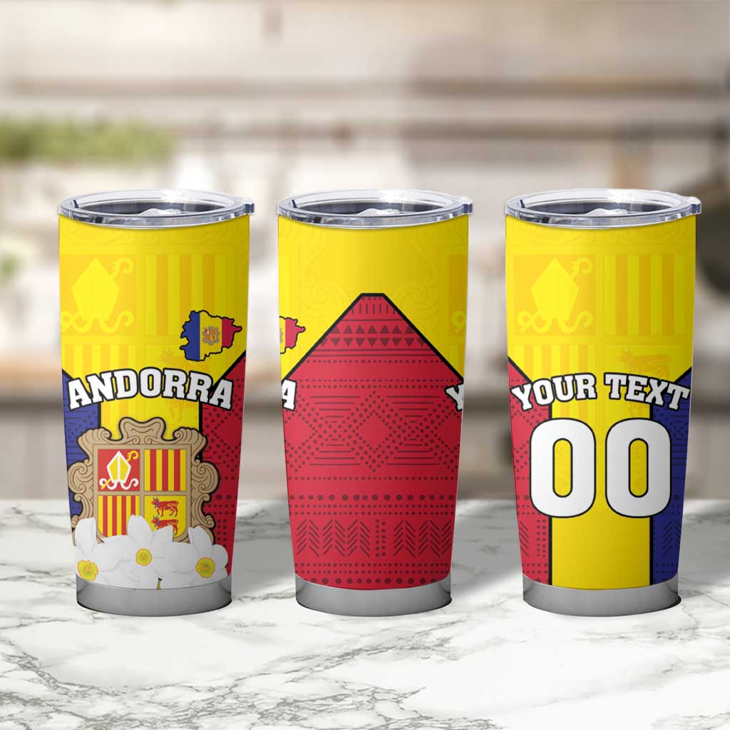 Custom Andorra Coat Of Arms Tumbler Cup Narcissus Poeticus Flowers Flag Style