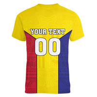 Custom Andorra Coat Of Arms Women V-Neck T-Shirt Narcissus Poeticus Flowers Flag Style